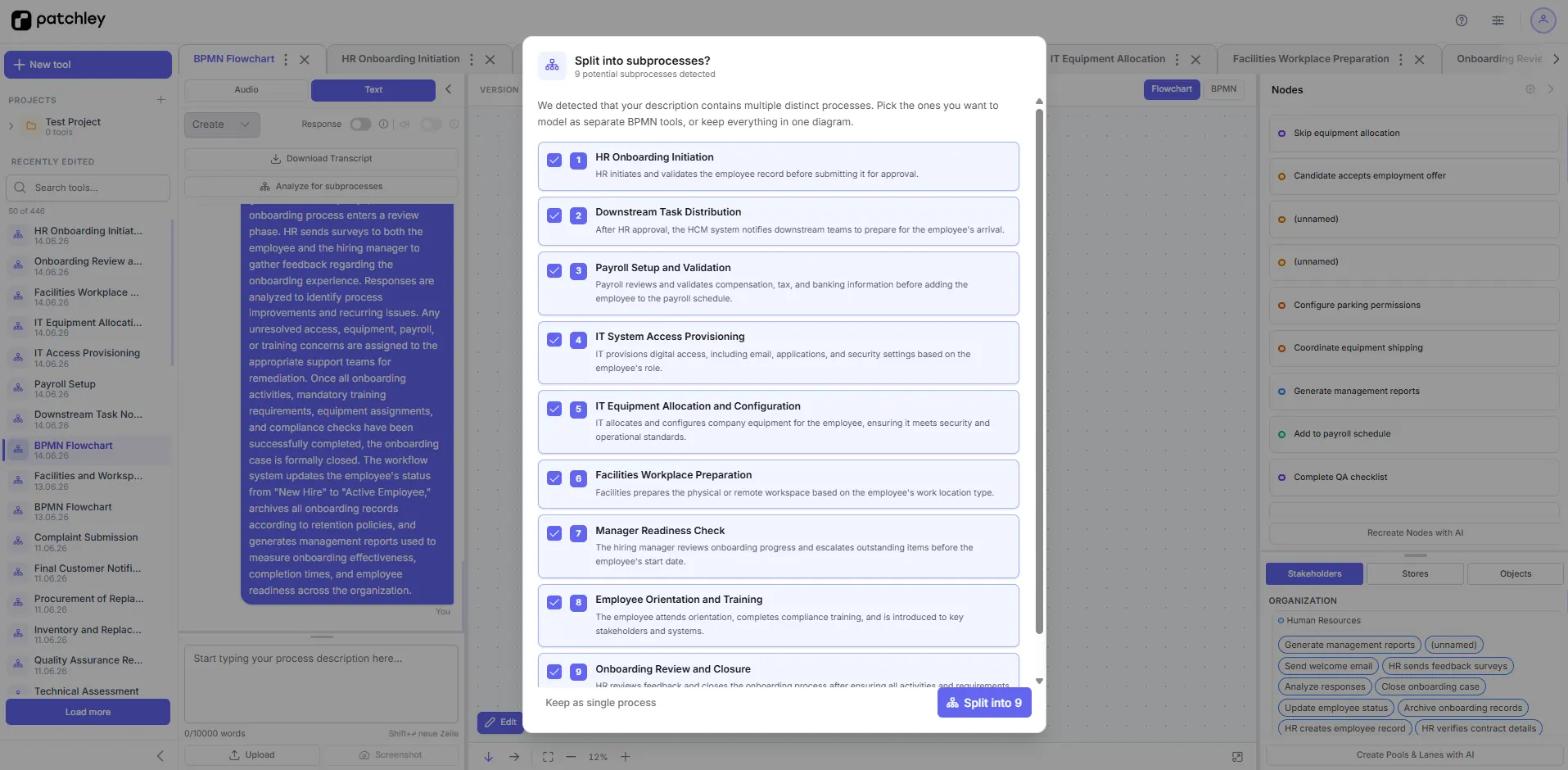 Automatically detected subprocesses opened for editing on the canvas