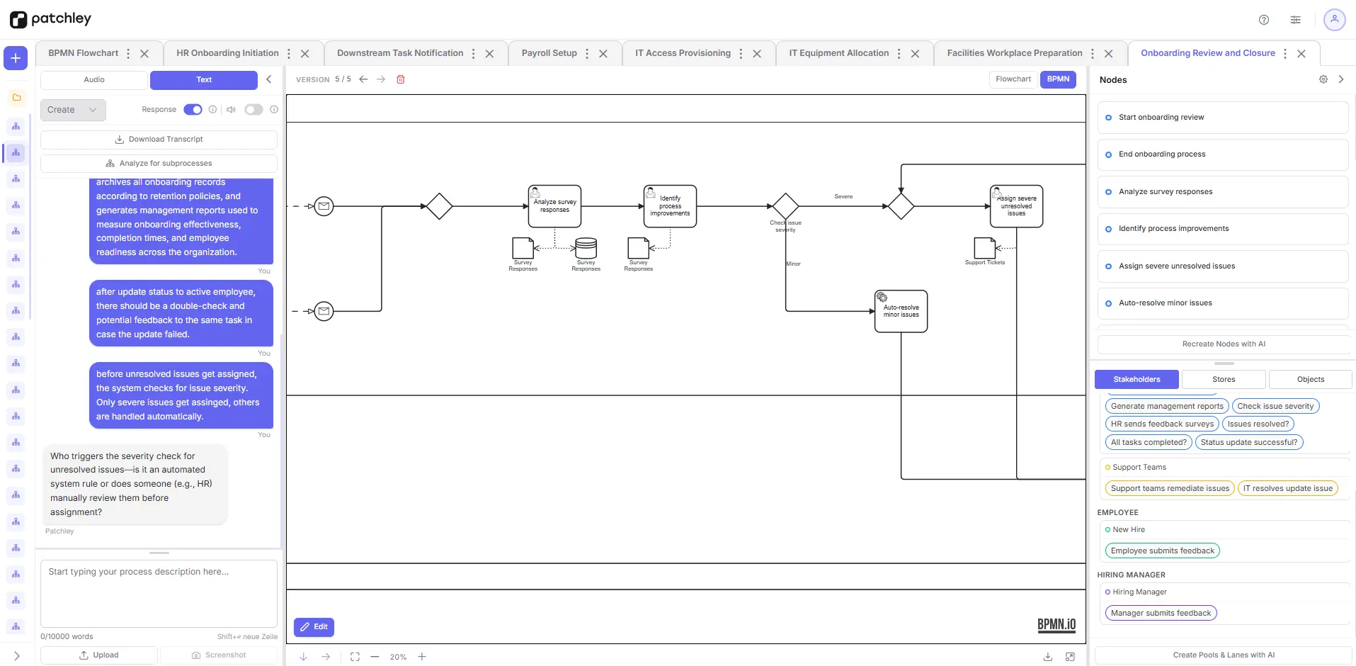 The patchley workspace with a BPMN 2.0 diagram on the live canvas